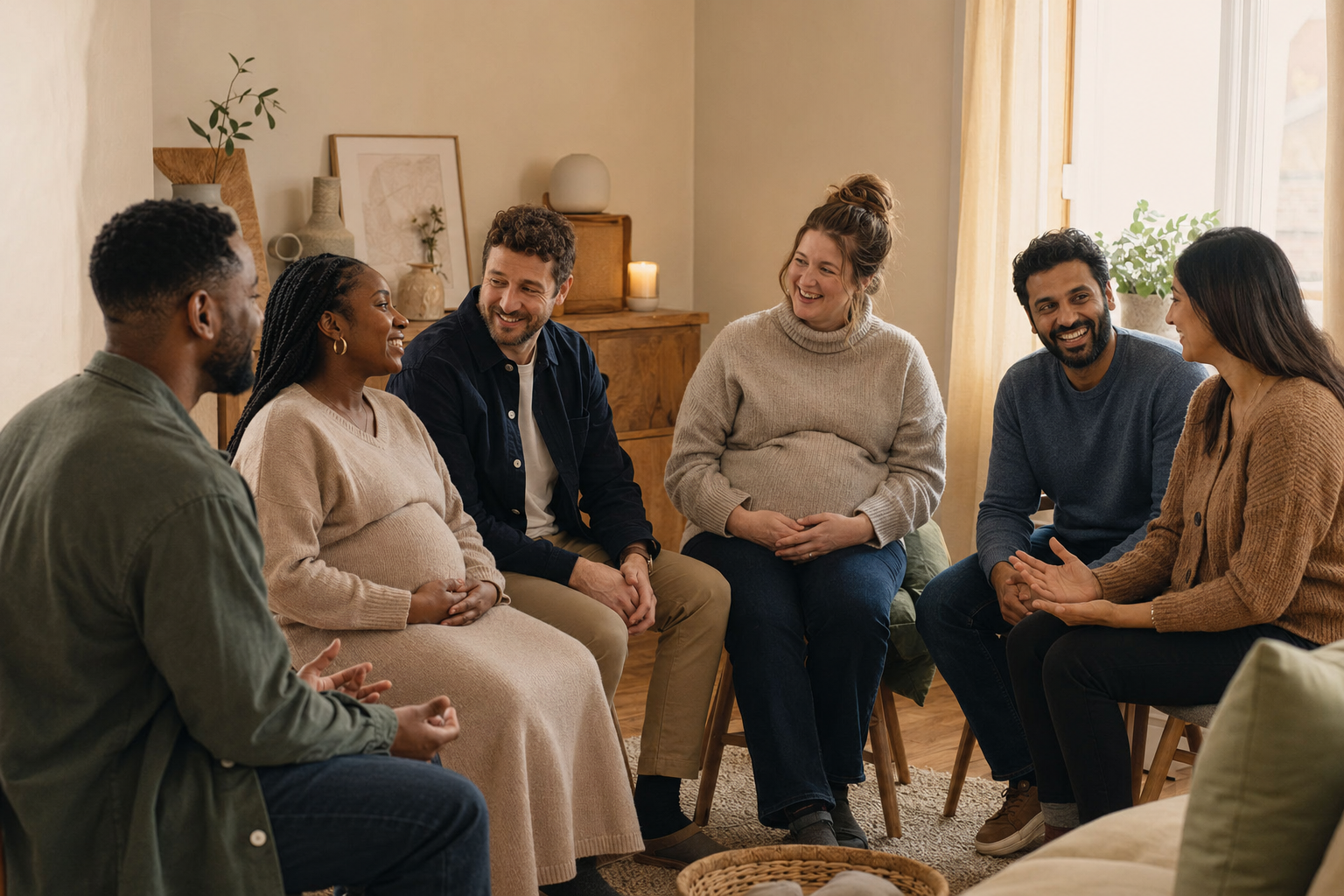 A warm antenatal group conversation.